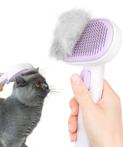 aumuca(アウムカ) ペット用ブラシ「ワンプッシュ式！」ブラッシングブラシ 猫ブラシ 犬用ブラシ スリッカーブラシ ワンプッシュ式 抜け毛取りクリーナ ー マッサージ 痛くない 丸洗い可能 皮膚に優しい 犬猫通用 中毛 長毛 種向け (パープル)